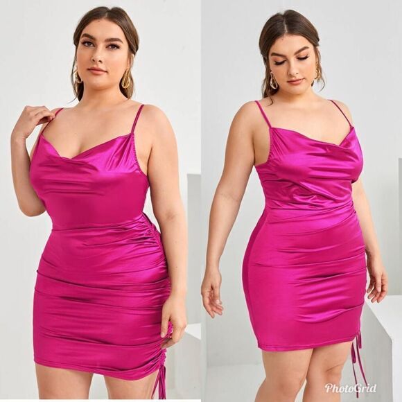 2/$30 Shein Plus Satin Drawstring Side Bodycon Cowlneck Dress - Picture 2 of 7